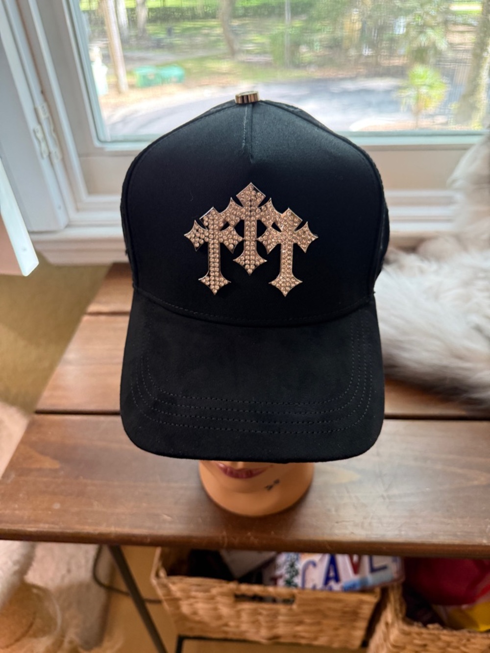 Men's Black Hat with Silver Crystal Cross Accent